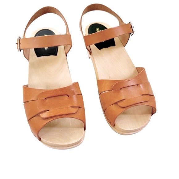 NEW Swedish Hasbeens Peep Toe Low Wood Clog Sandals Nature Size 38 US 8 - Picture 4 of 16